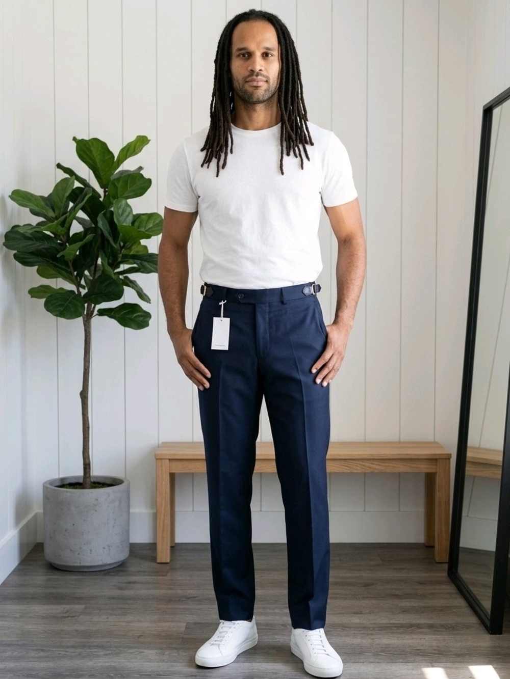Men’s Navy Wool Modern Fit Adjustable Waist Dress Pants